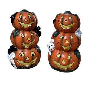 K's Collection Pair of Stacked Ceramic Jack O Lanterns with Ghosts and Bats EUC